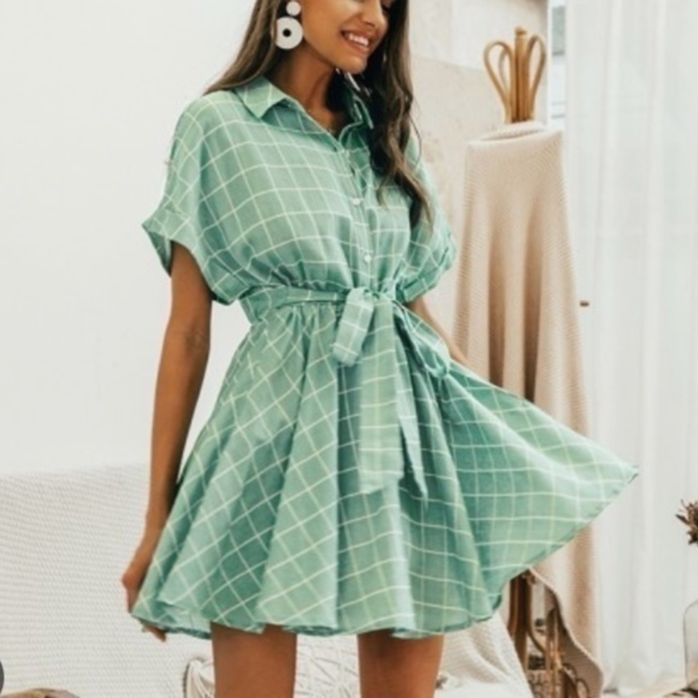 Simplee Green Checkered Collared Mini Dress sz S